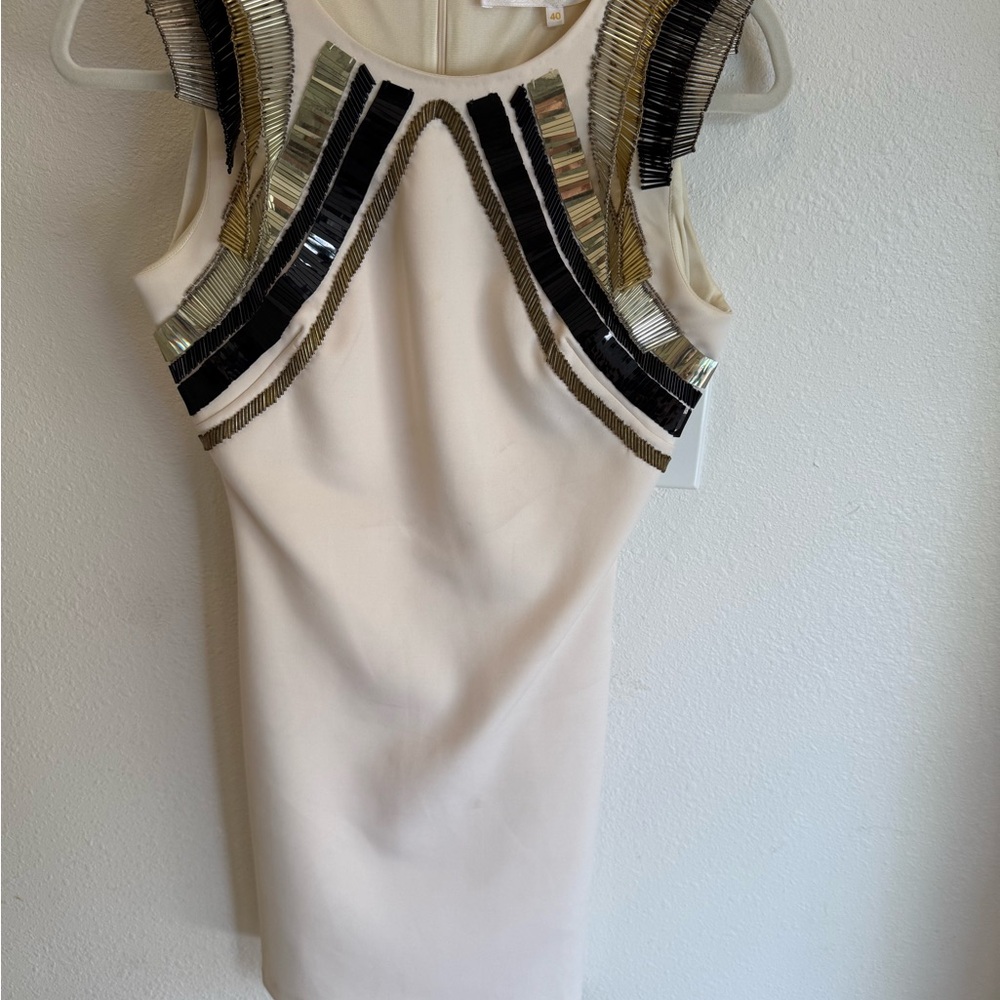 ELISABETTA FRANCHI GOLD Embellished Mini Ivory Stretch Dress | S